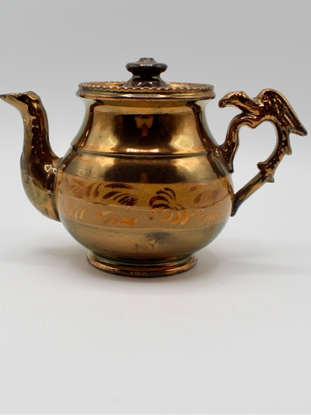 Antique Copper Luster Lidded Teapot Hand Painted Floral Band, Eagle Handle